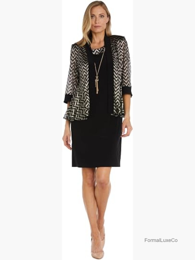 Chevron Foil Pleated Jacket Dress W/Detachable Necklace